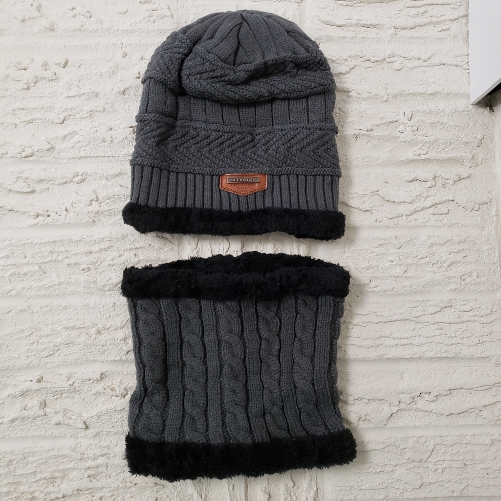 All-Match Gray & Black Knit Hat & Collar Scarf
